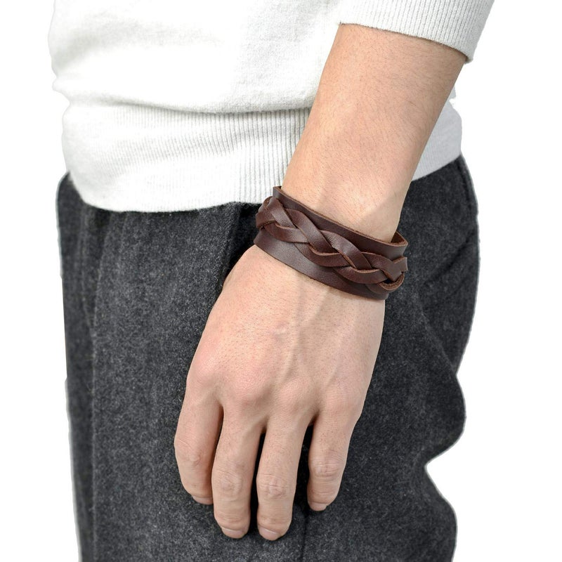 Tornito 3Pcs Genuine Leather Bracelet Braided Biker Cuff Strap Punk Wide Belt Bangle Wristband For Women Men Black Brown Size Adjustable - Image 5